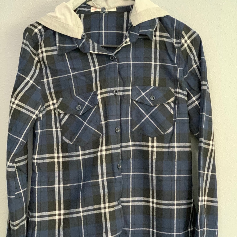Blue Plaid Flannel with Detachable Hood